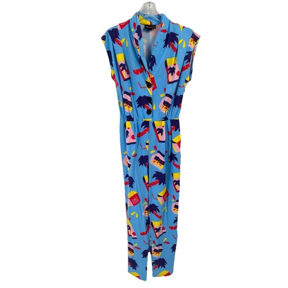 Nooworks Pants - Nooworks Blue Sleeveless Greta Jumpsuit Snacks Sz Medium Artsy Colorful Funky